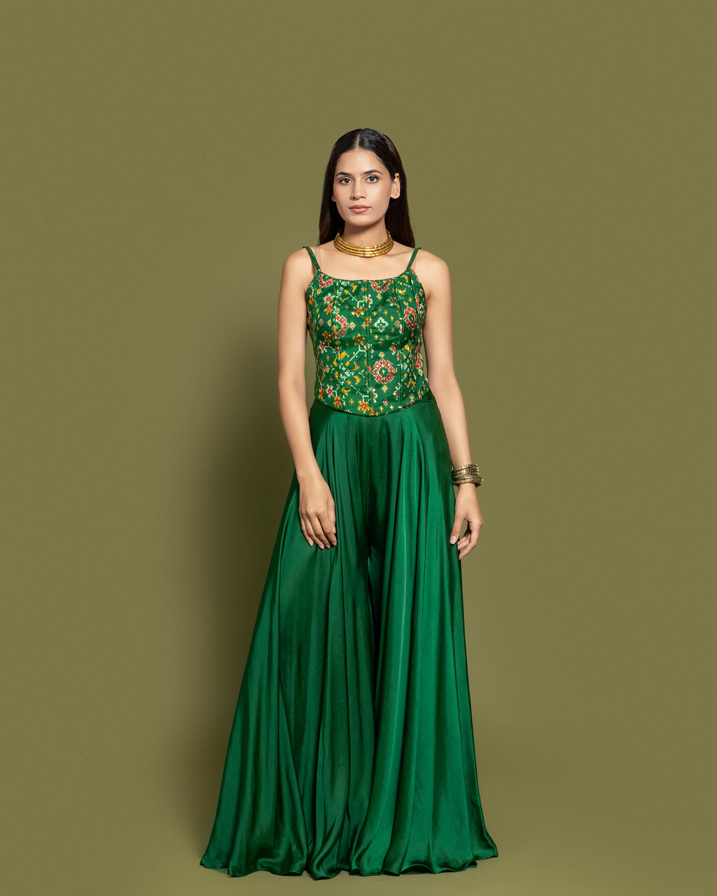 BOTTLE GREEN CORSET TOP & PALAZZO ENSEMBLE