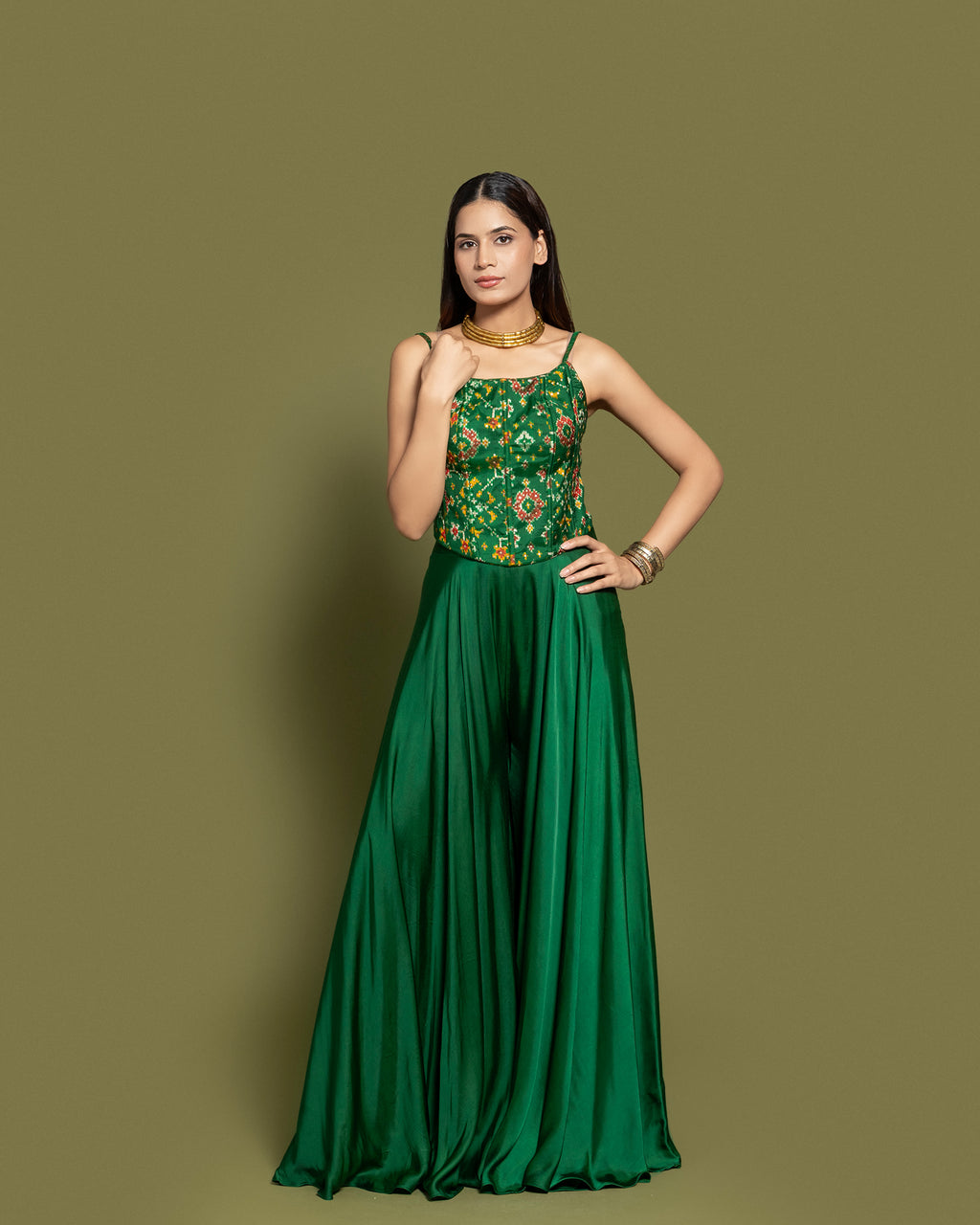 BOTTLE GREEN CORSET TOP & PALAZZO ENSEMBLE