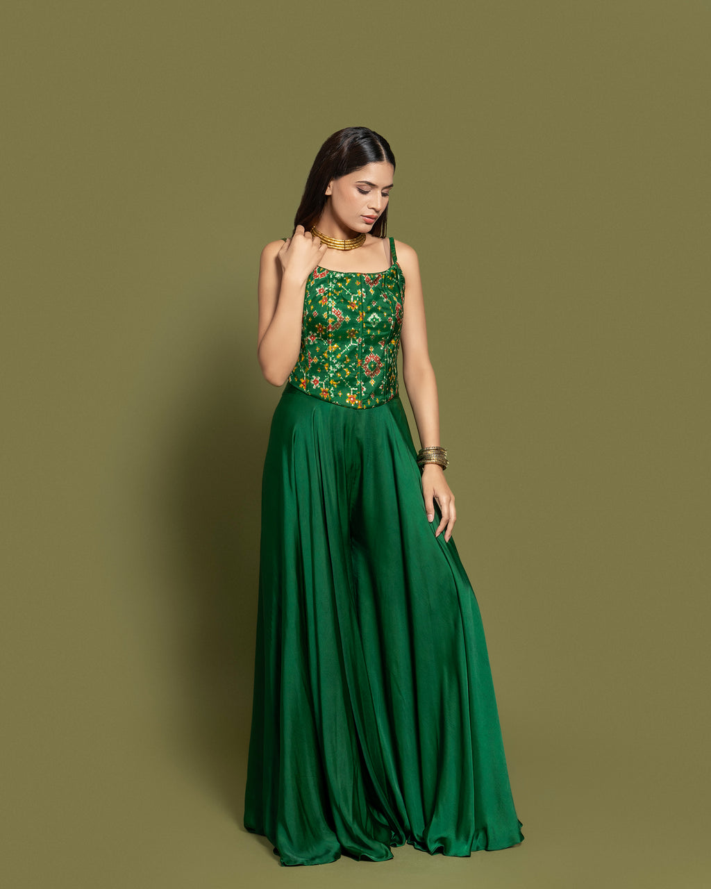 BOTTLE GREEN CORSET TOP & PALAZZO ENSEMBLE