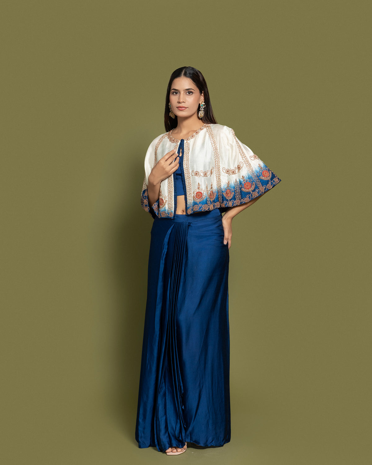 PRUSSIAN BLUE DRAPE SKIRT SET WITH CAPE