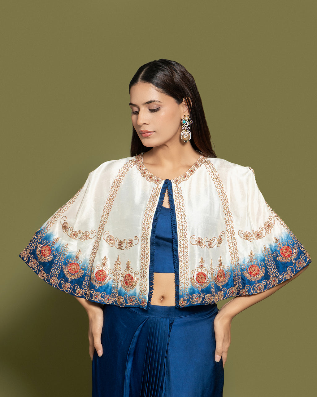 PRUSSIAN BLUE DRAPE SKIRT SET WITH CAPE