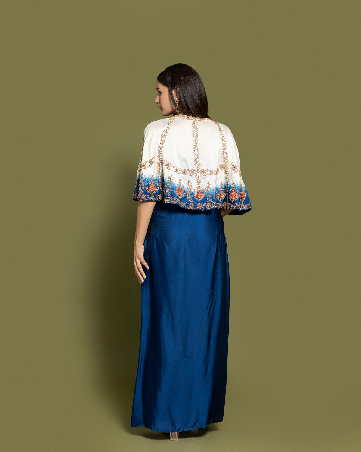 PRUSSIAN BLUE DRAPE SKIRT SET WITH CAPE