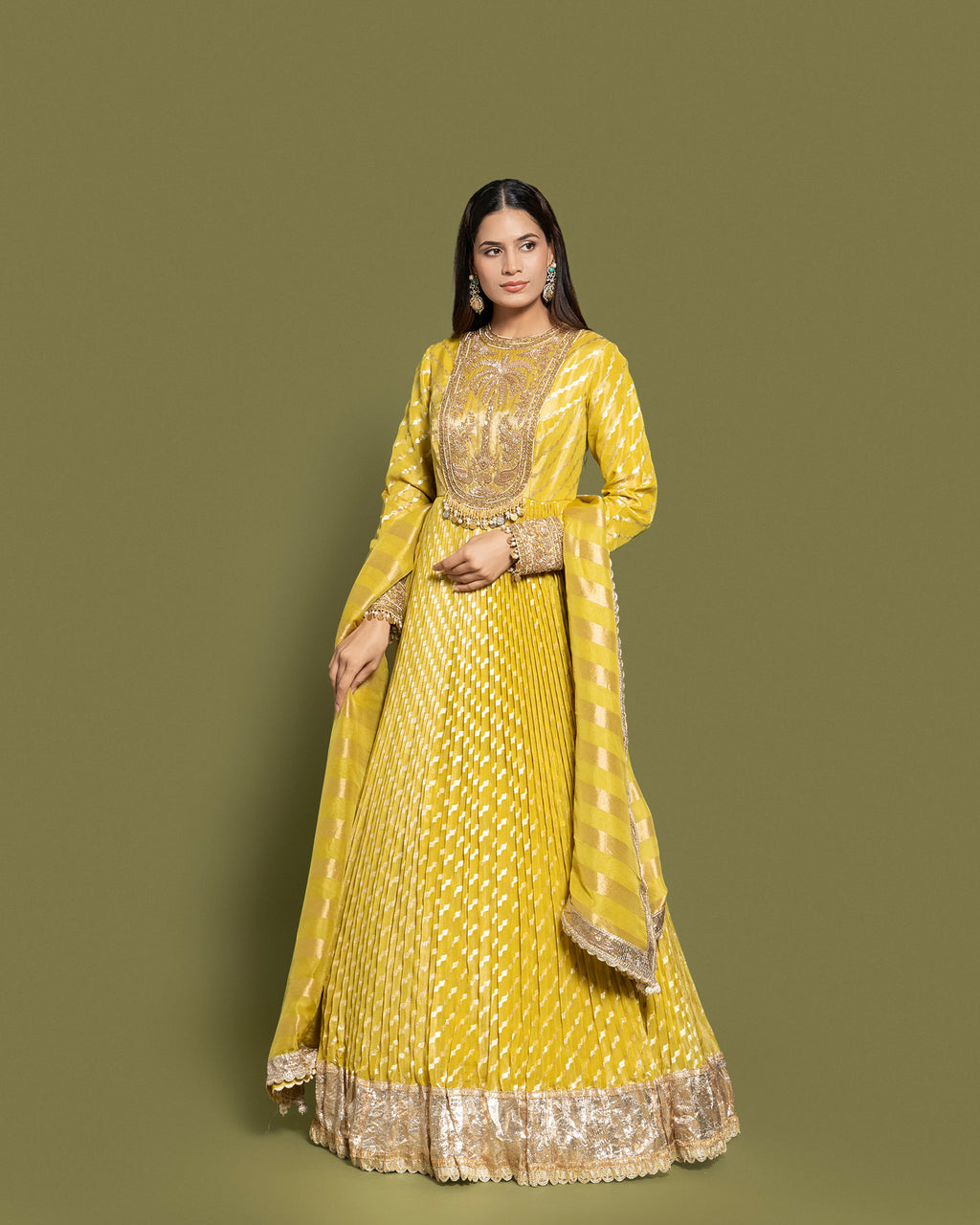 MAIZE YELLOW BANARASI SILK ANARKALI SET