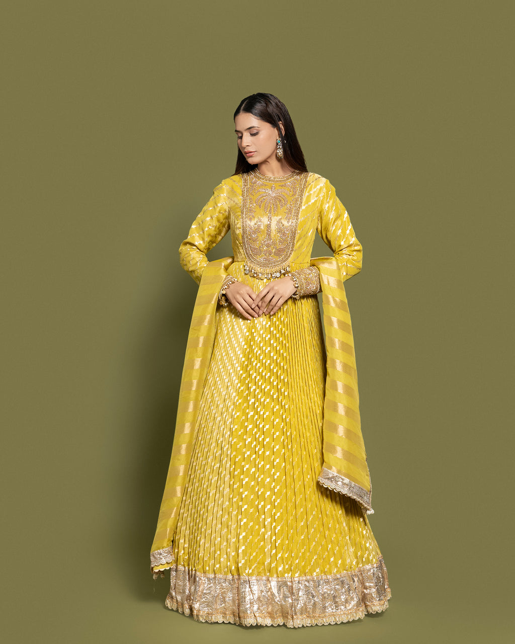 MAIZE YELLOW BANARASI SILK ANARKALI SET