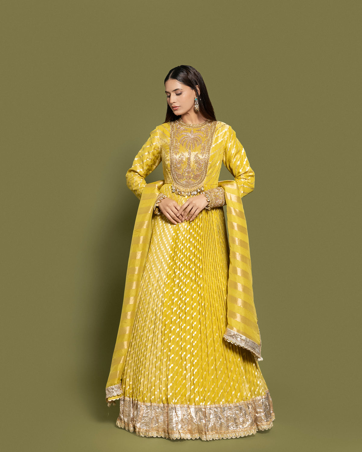 MAIZE YELLOW BANARASI SILK ANARKALI SET