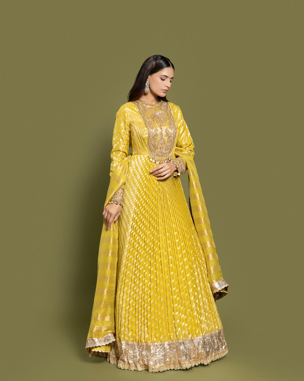 MAIZE YELLOW BANARASI SILK ANARKALI SET