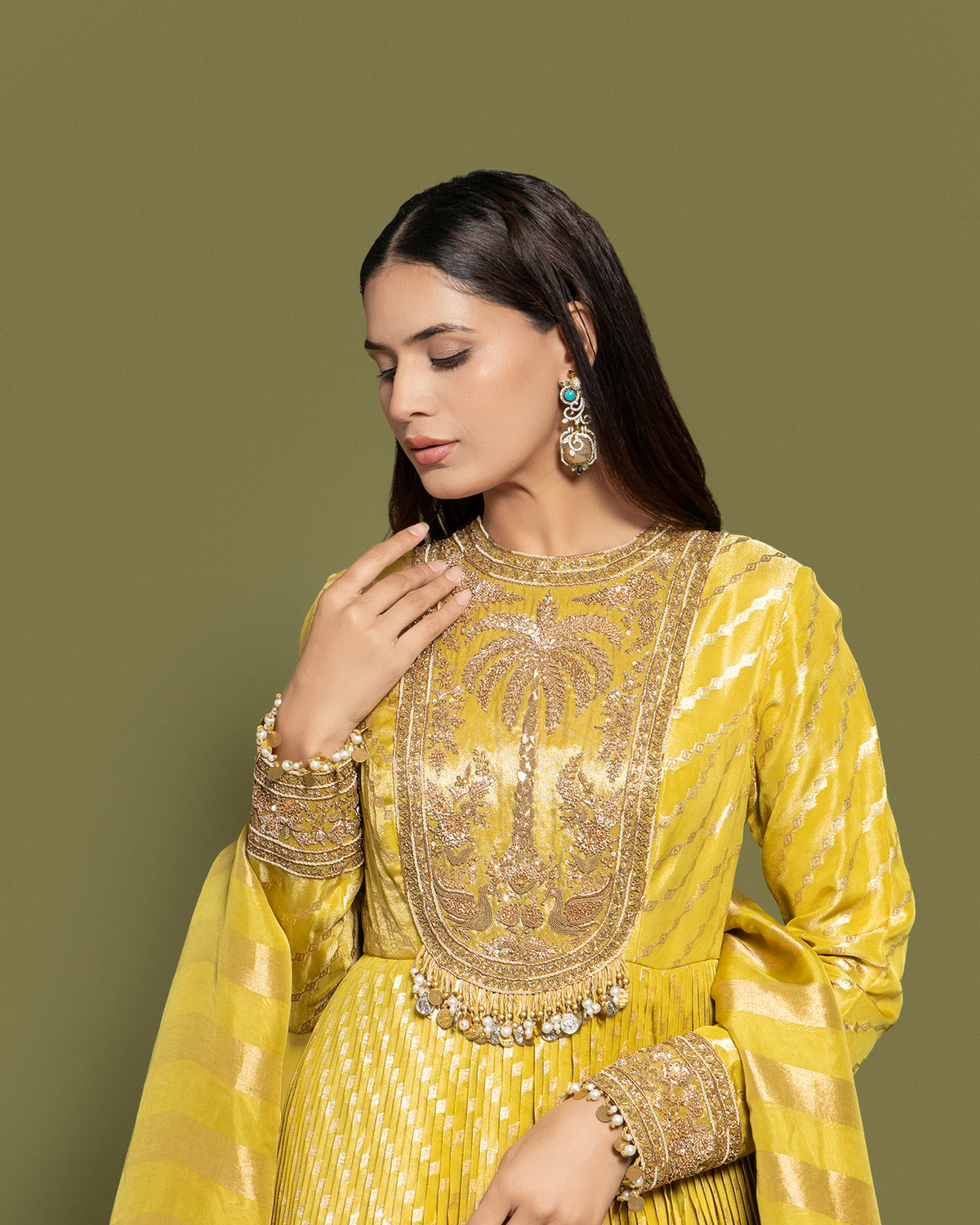 MAIZE YELLOW BANARASI SILK ANARKALI SET