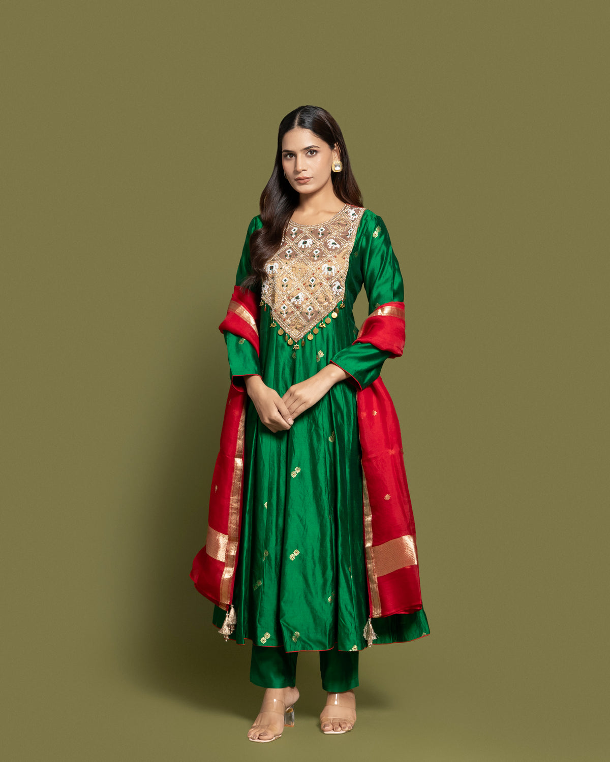 BOTTLE GREEN BANARASI SILK ANARKALI SUIT