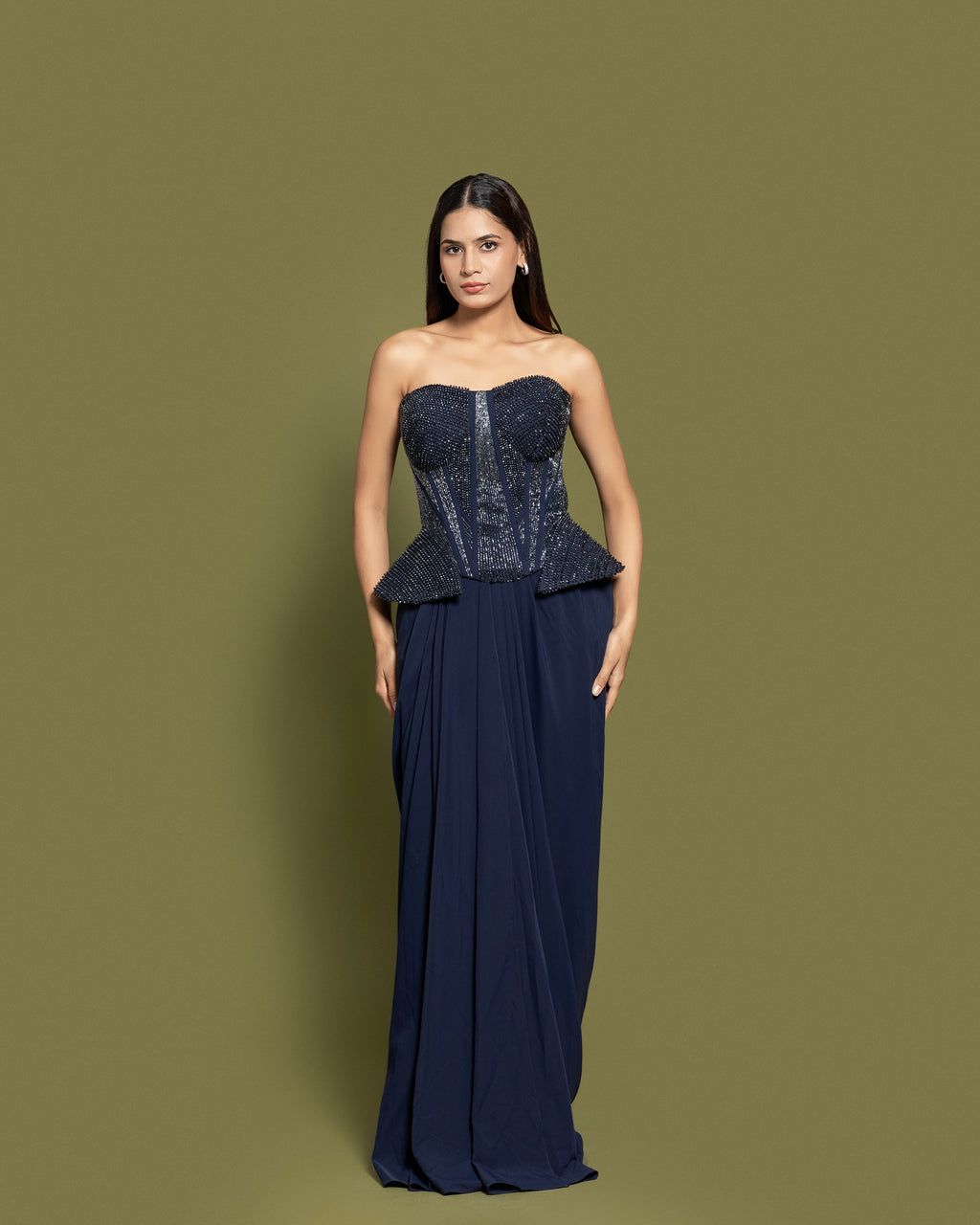 NAVY BLUE CORSET & DRAPED SKIRT FUSION ENSEMBLE
