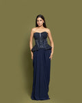 NAVY BLUE CORSET & DRAPED SKIRT FUSION ENSEMBLE