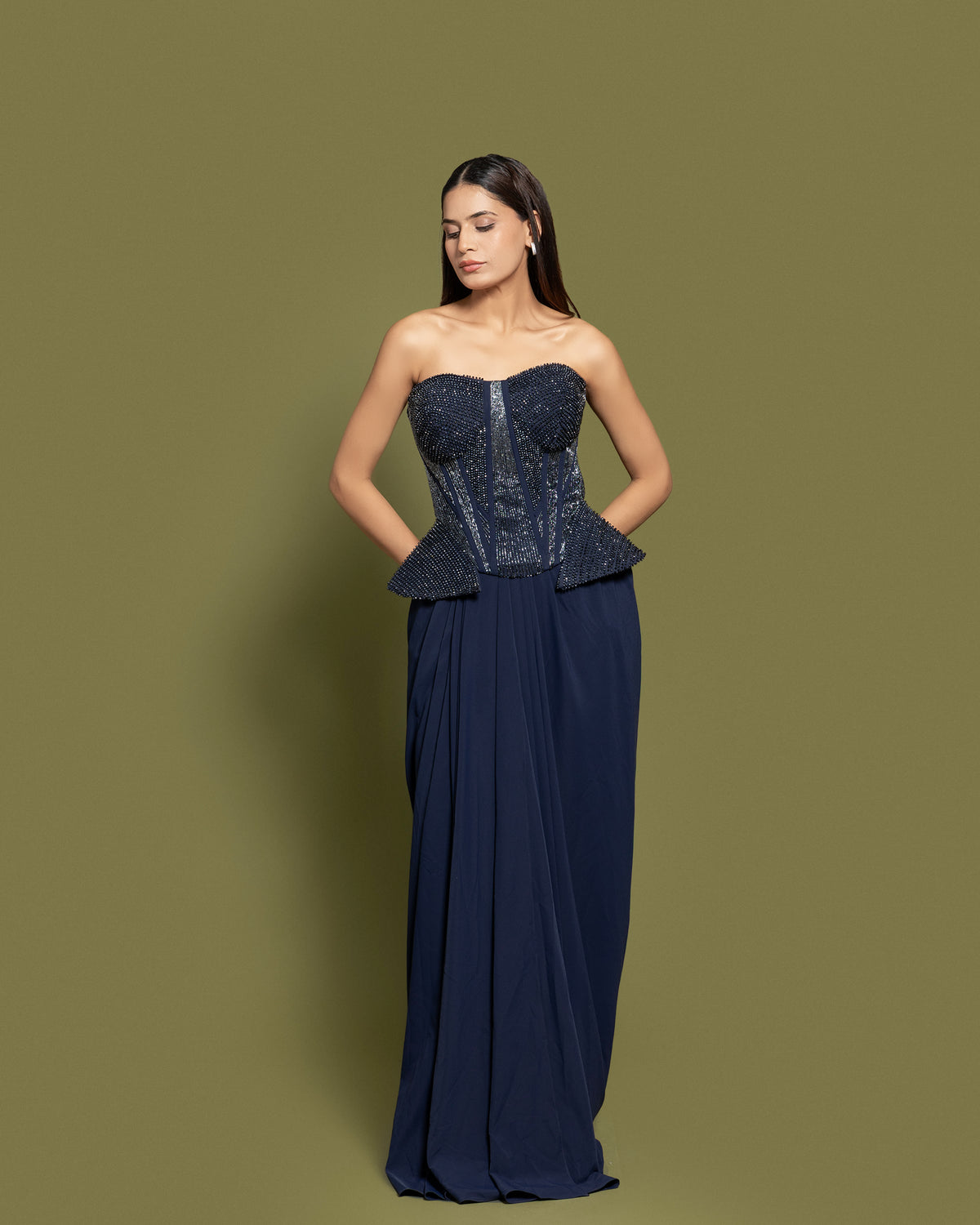 NAVY BLUE CORSET & DRAPED SKIRT FUSION ENSEMBLE