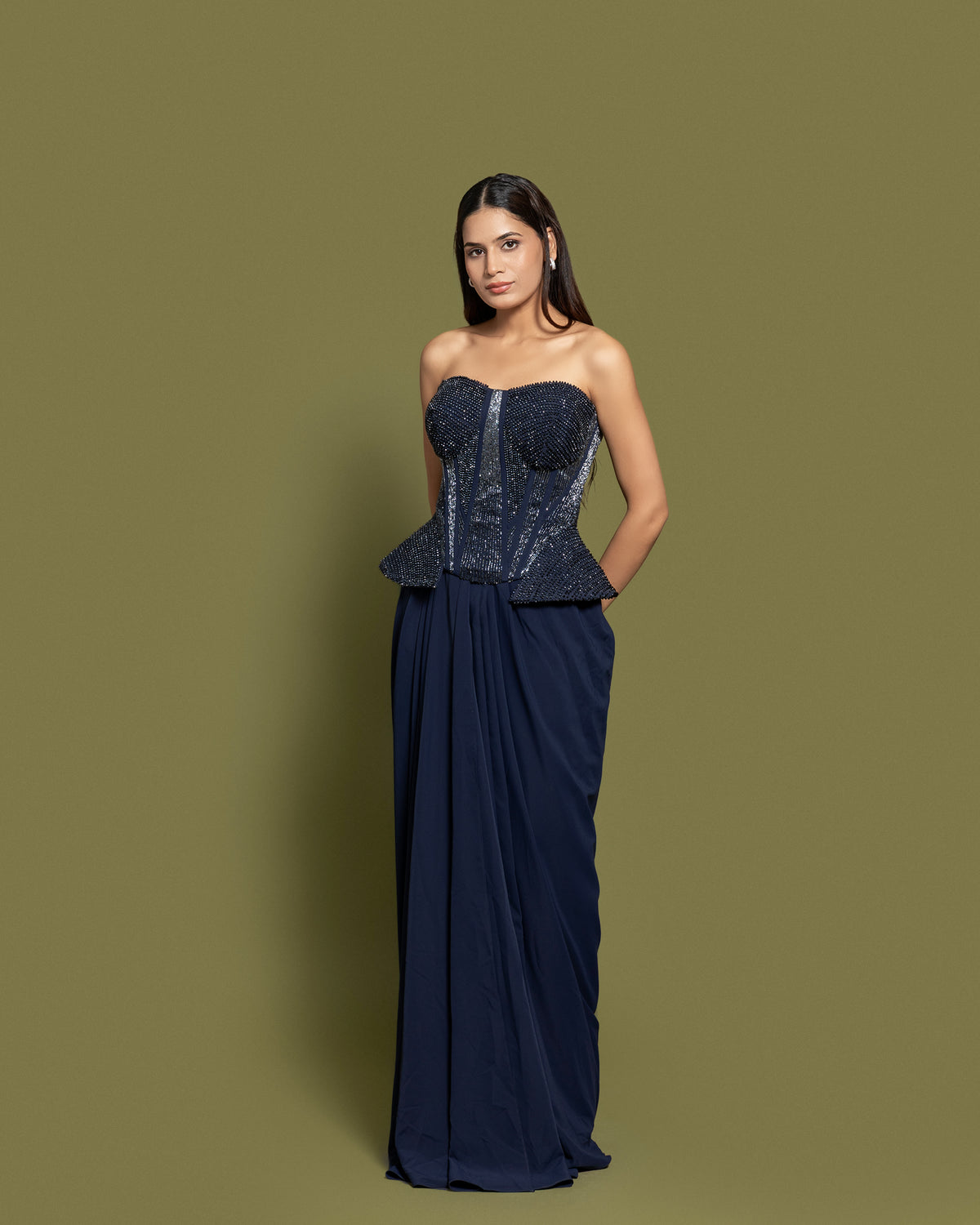 NAVY BLUE CORSET & DRAPED SKIRT FUSION ENSEMBLE