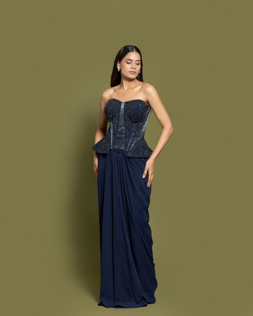 NAVY BLUE CORSET & DRAPED SKIRT FUSION ENSEMBLE