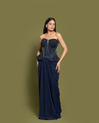NAVY BLUE CORSET & DRAPED SKIRT FUSION ENSEMBLE
