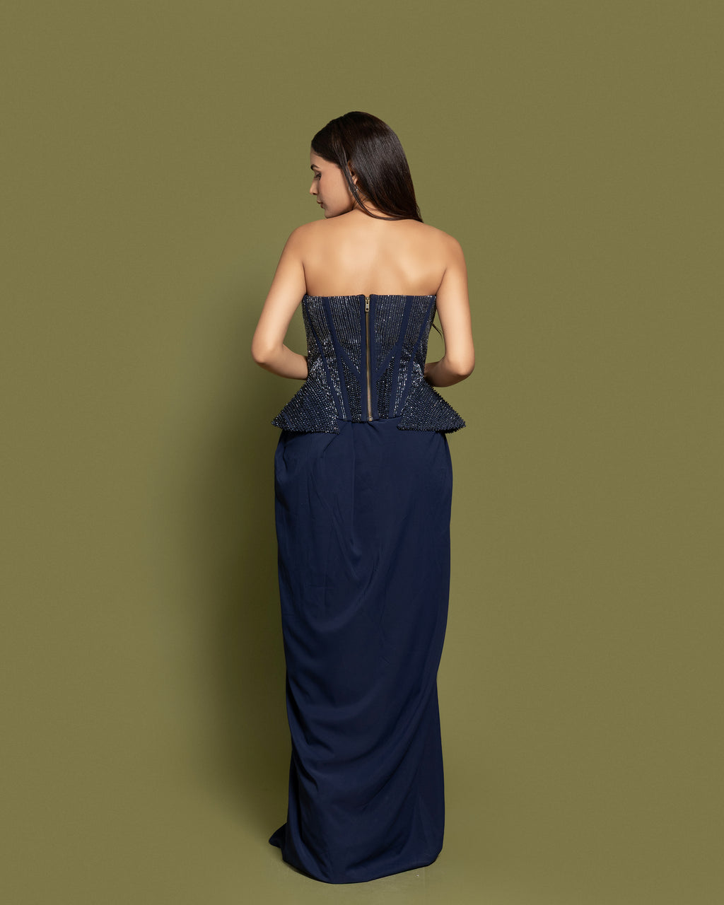 NAVY BLUE CORSET & DRAPED SKIRT FUSION ENSEMBLE