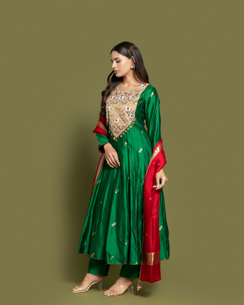 BOTTLE GREEN BANARASI SILK ANARKALI SUIT