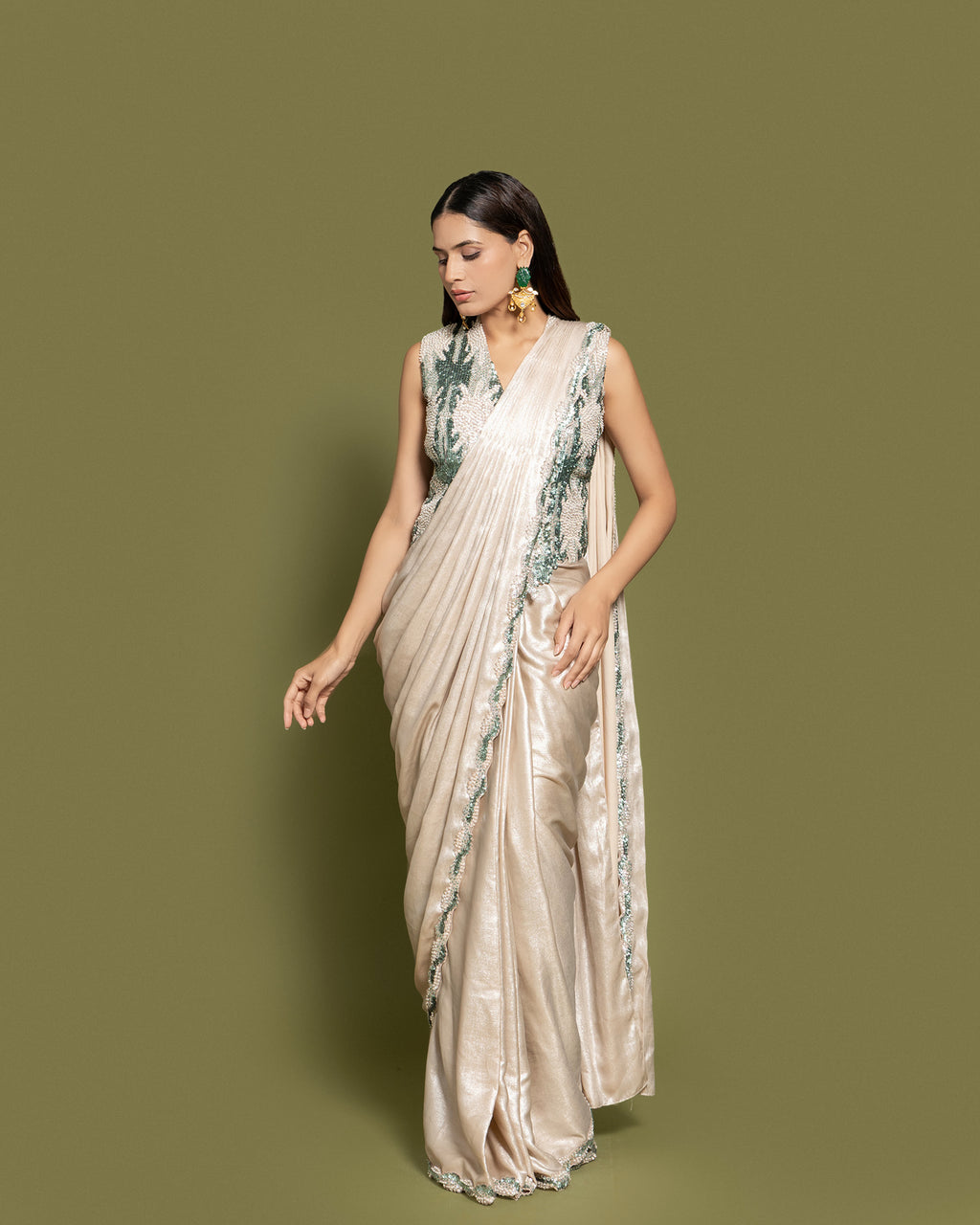METALLIC IVORY & EMERALD PRE-DRAPED SAREE