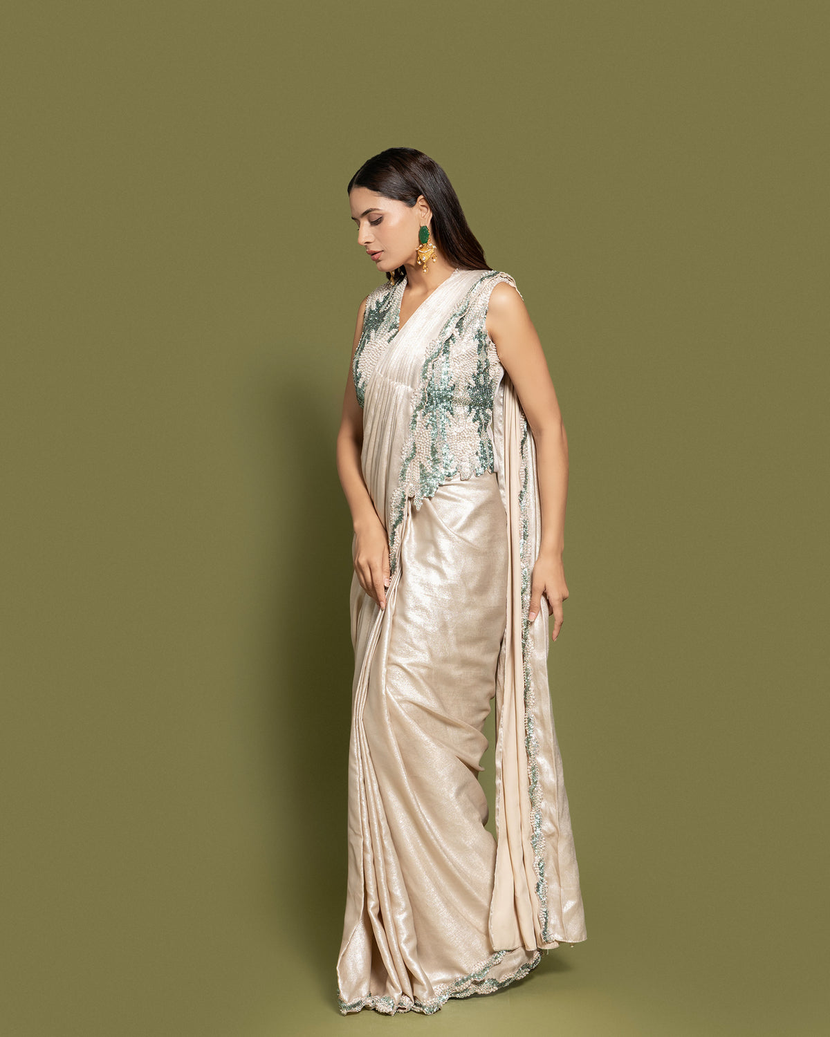 METALLIC IVORY & EMERALD PRE-DRAPED SAREE