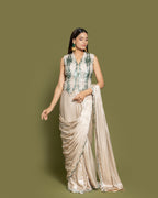 METALLIC IVORY & EMERALD PRE-DRAPED SAREE