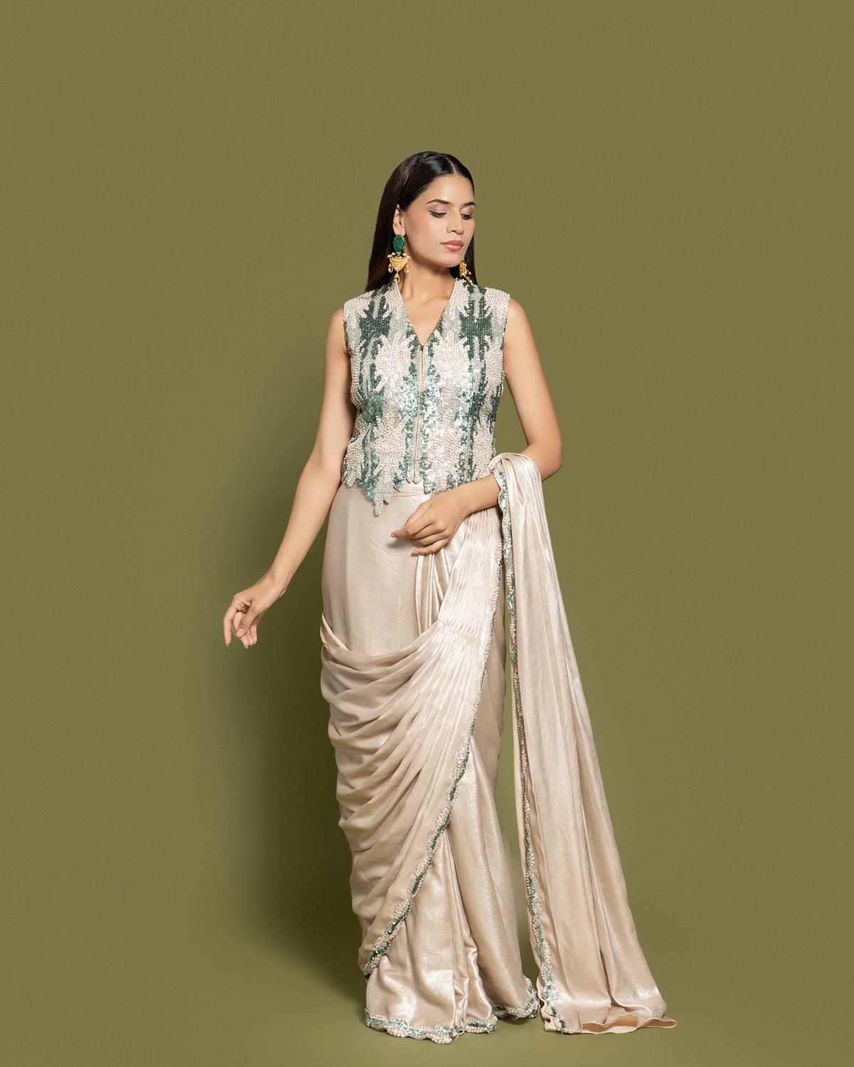 METALLIC IVORY & EMERALD PRE-DRAPED SAREE