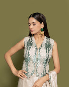 METALLIC IVORY & EMERALD PRE-DRAPED SAREE