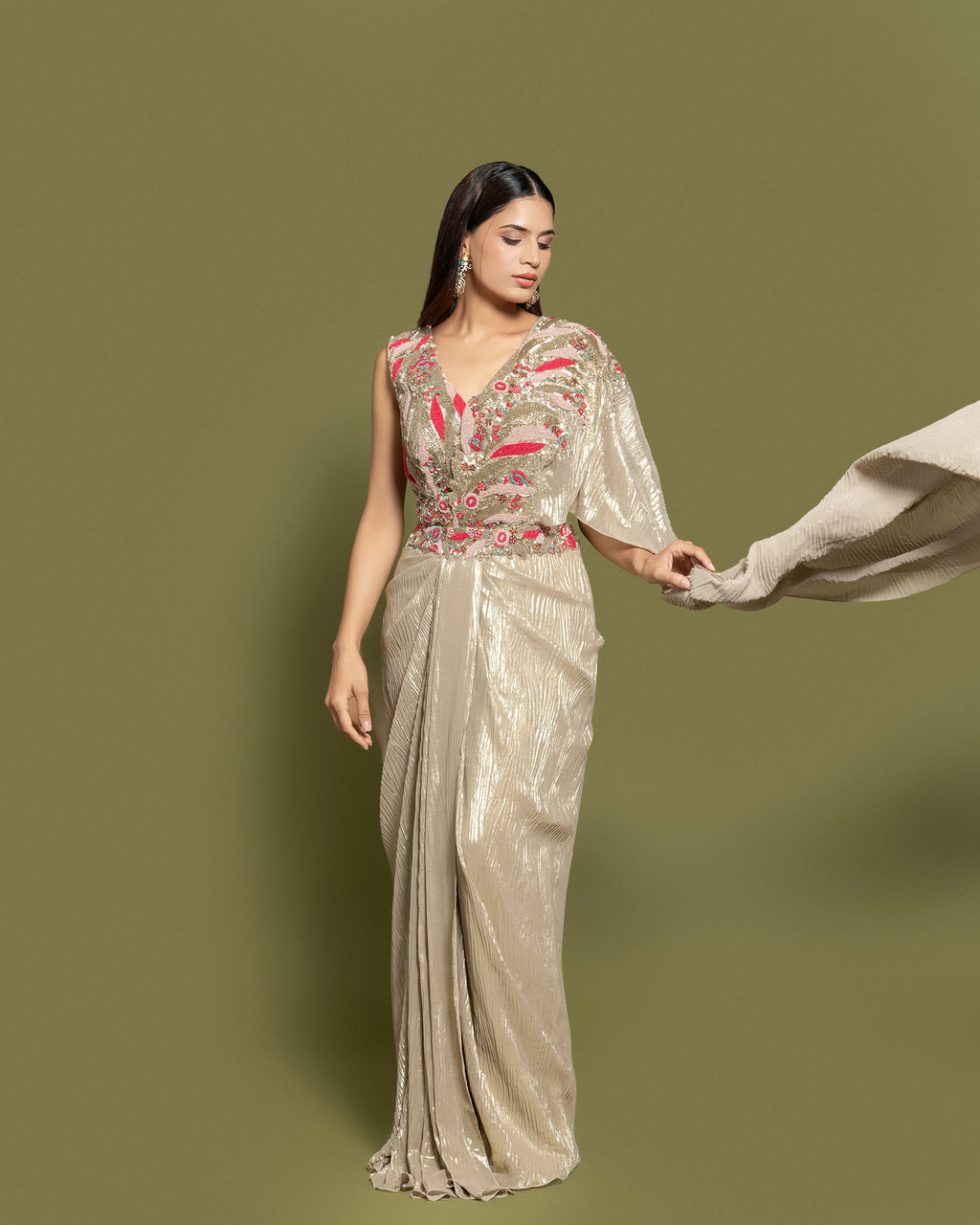 METALLIC BEIGE PRE-DRAPED SAREE