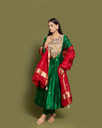 BOTTLE GREEN BANARASI SILK ANARKALI SUIT