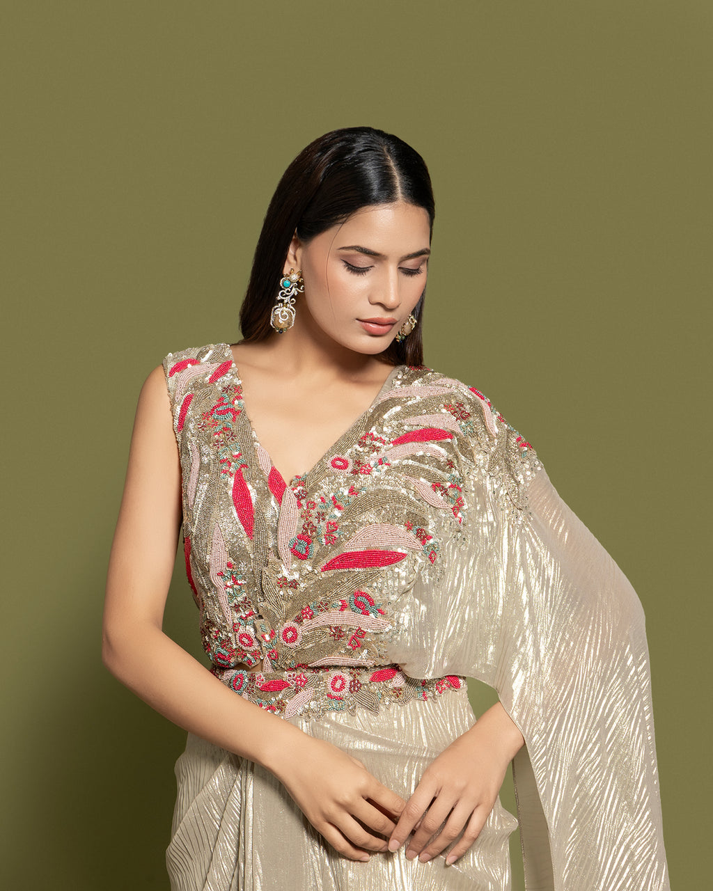 METALLIC BEIGE PRE-DRAPED SAREE