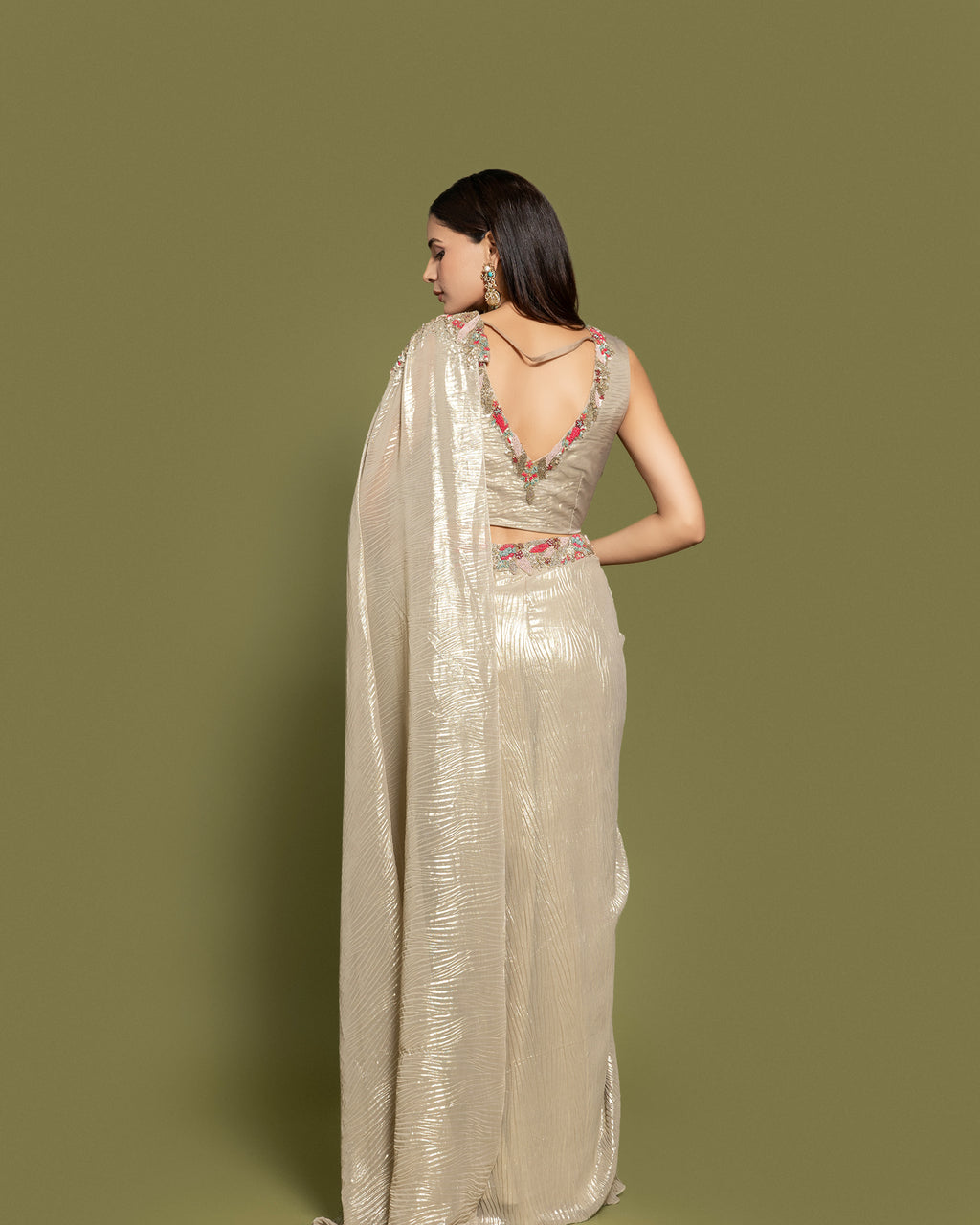 METALLIC BEIGE PRE-DRAPED SAREE