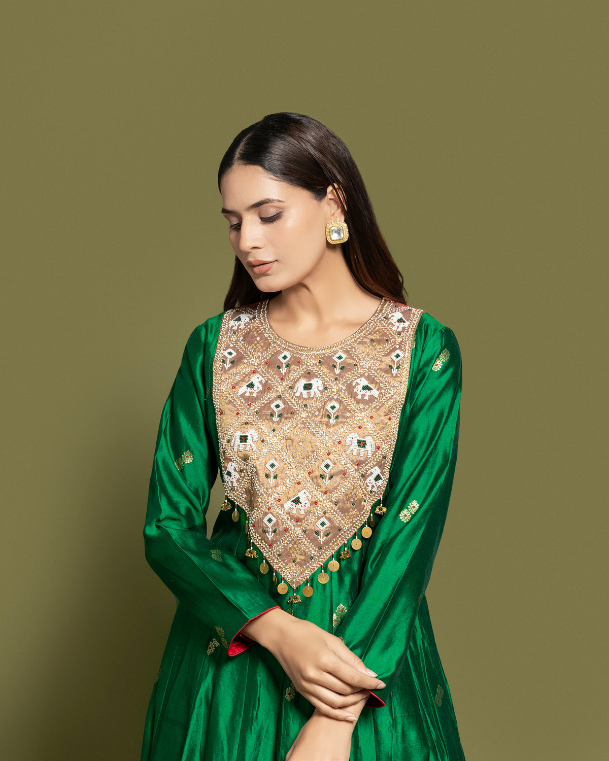 BOTTLE GREEN BANARASI SILK ANARKALI SUIT
