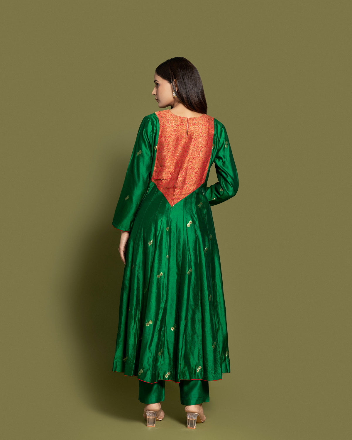 BOTTLE GREEN BANARASI SILK ANARKALI SUIT
