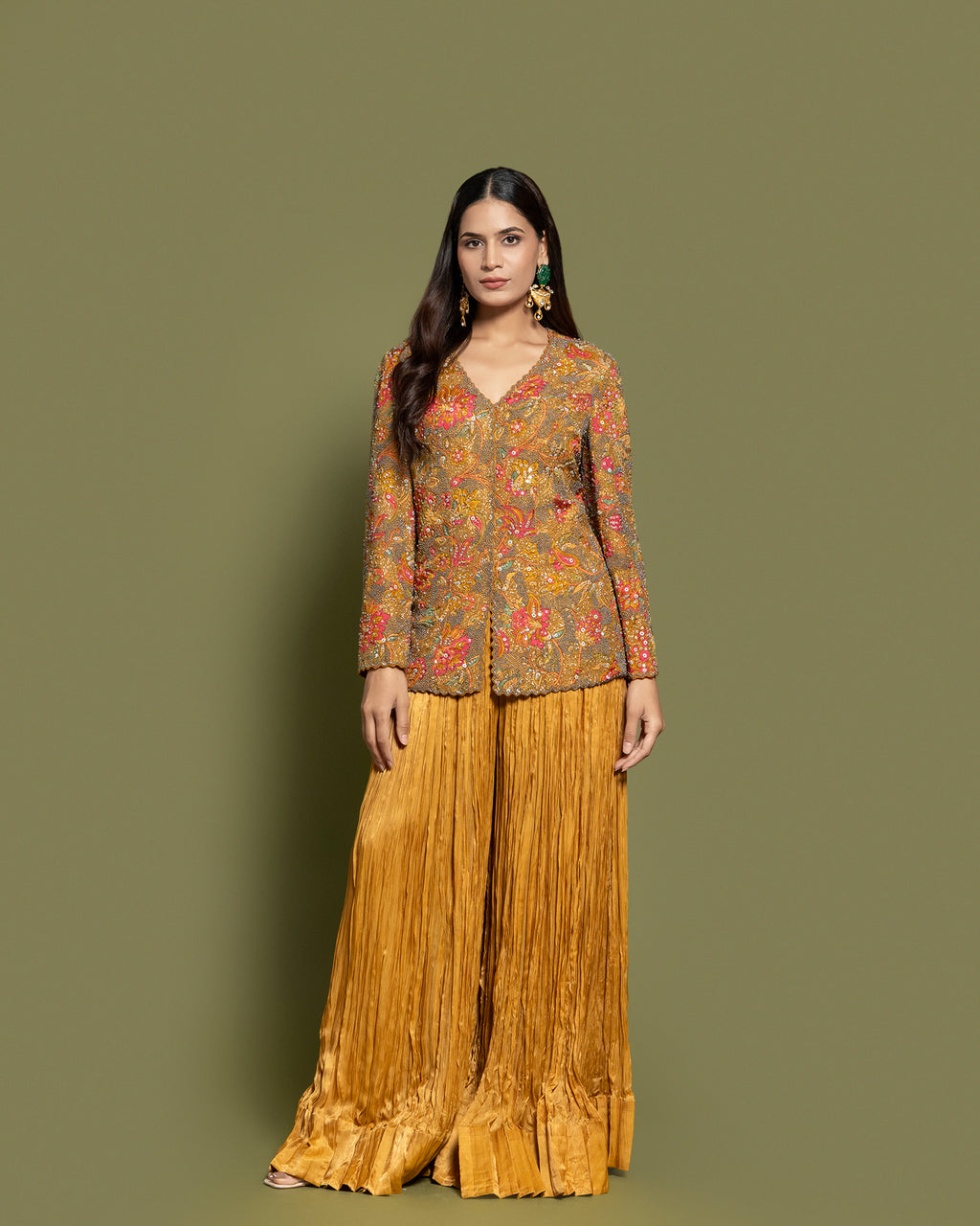 MUSTARD YELLOW EMBELLISHED FUSION ENSEMBLE