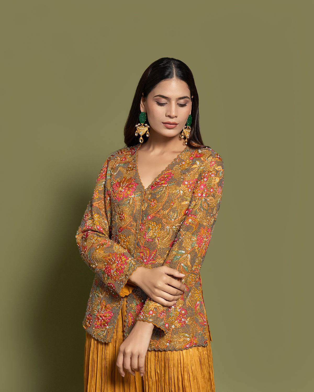MUSTARD YELLOW EMBELLISHED FUSION ENSEMBLE