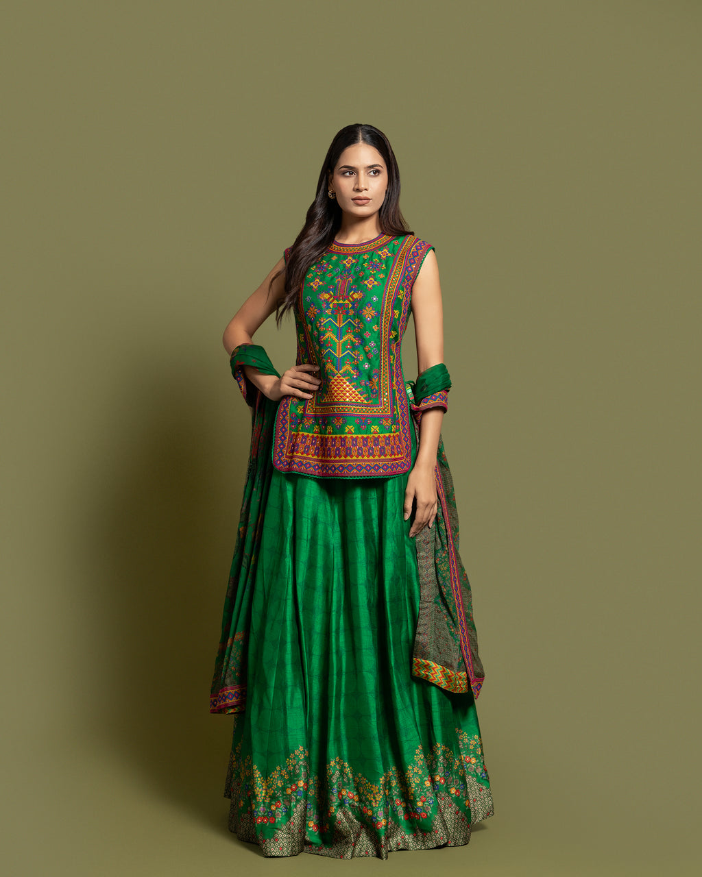 EMERALD RESHAM TUNIC SKIRT SET WITH DUPATTA