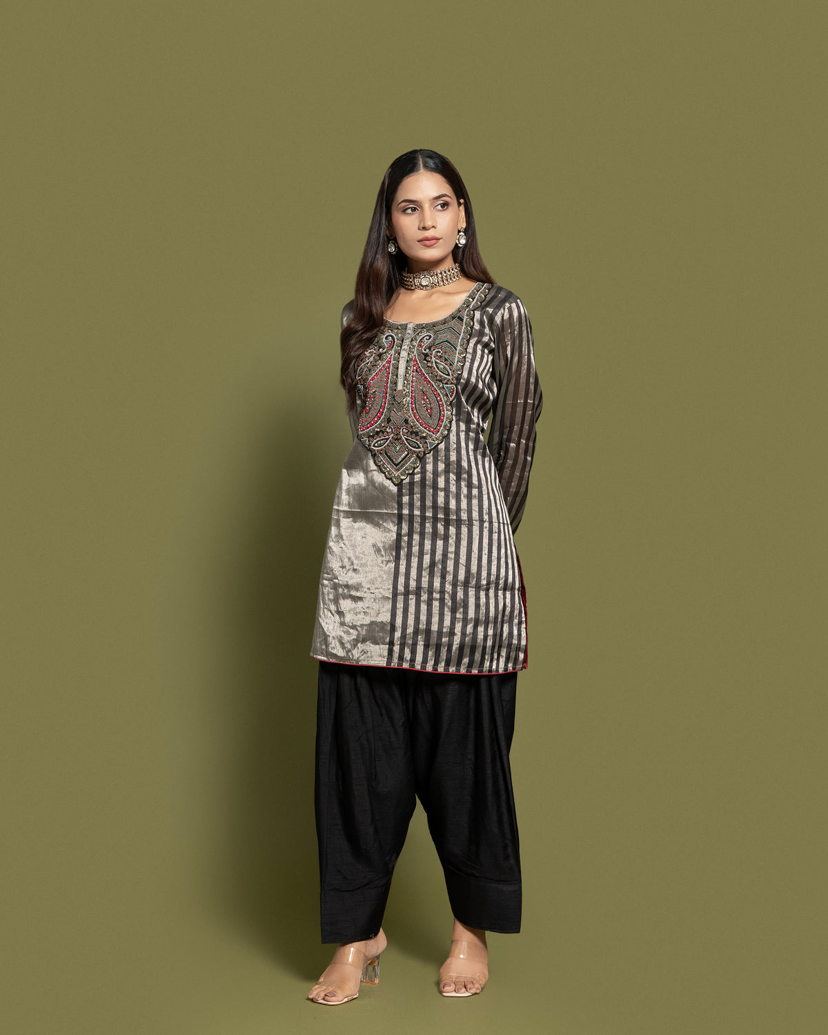 METALLIC STEEL STRIPED FARSI SALWAR SET
