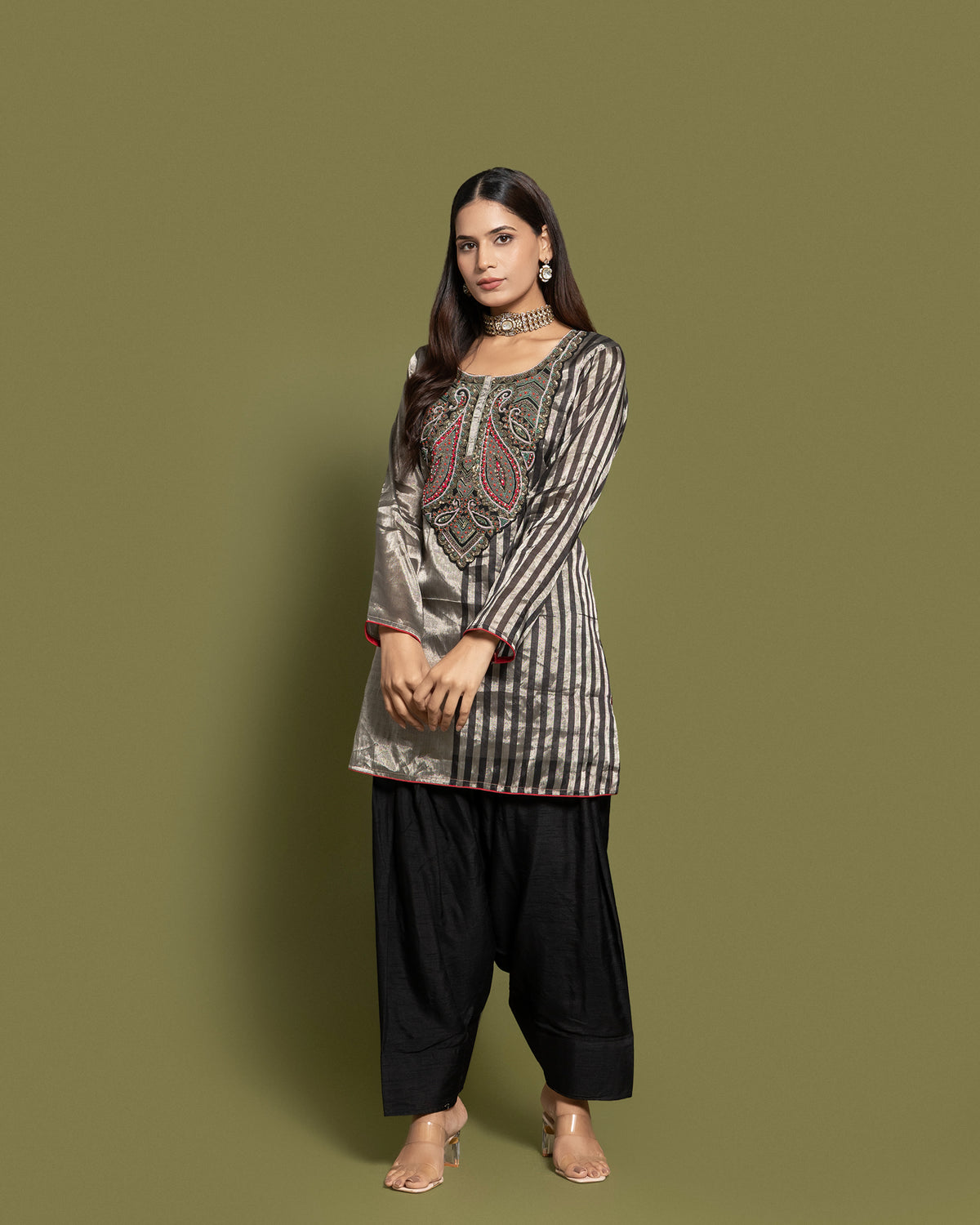 METALLIC STEEL STRIPED FARSI SALWAR SET