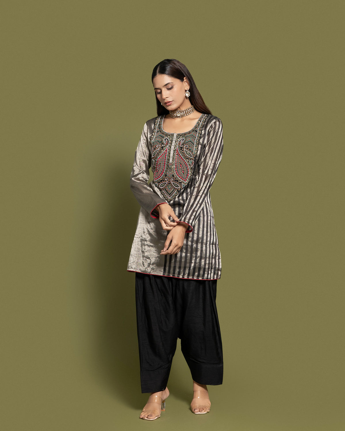 METALLIC STEEL STRIPED FARSI SALWAR SET