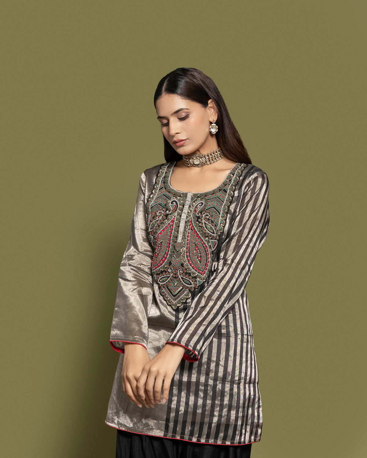 METALLIC STEEL STRIPED FARSI SALWAR SET