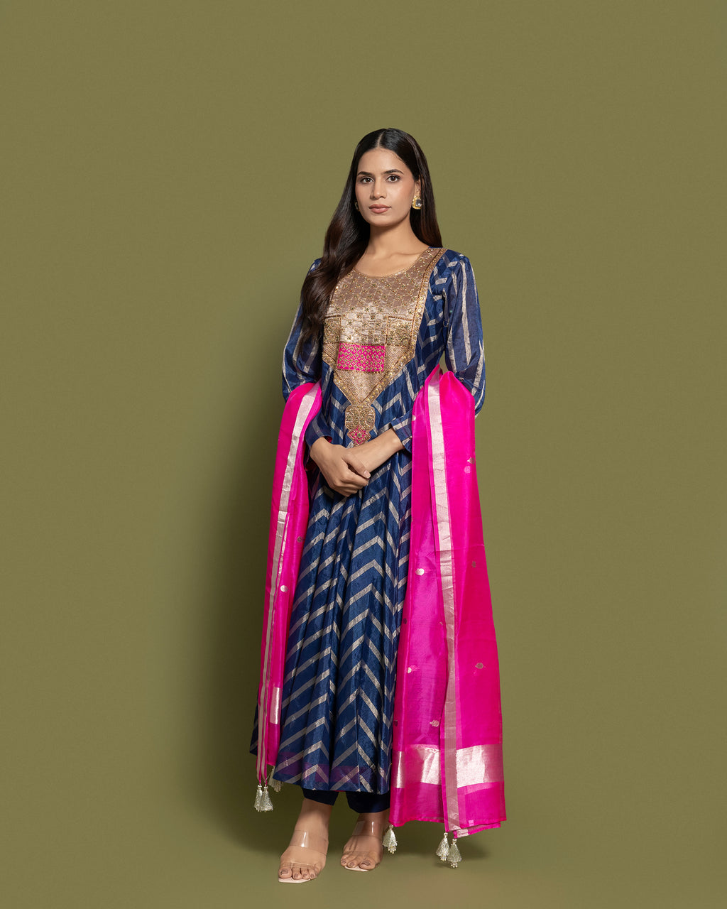 NAVY BLUE PRINTED ANARKALI SET