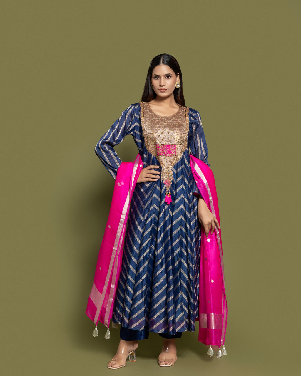 NAVY BLUE PRINTED ANARKALI SET