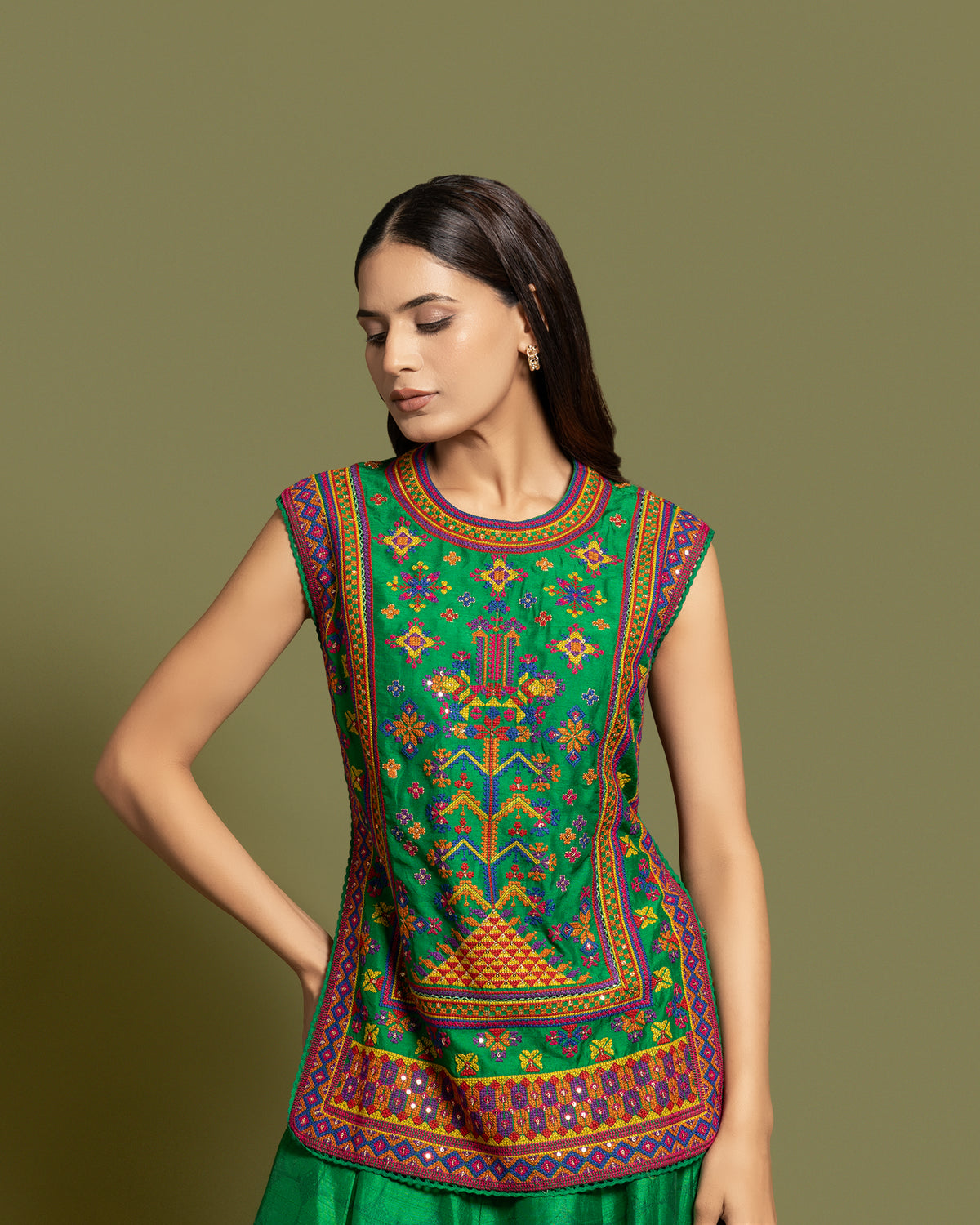 EMERALD RESHAM TUNIC SKIRT SET WITH DUPATTA