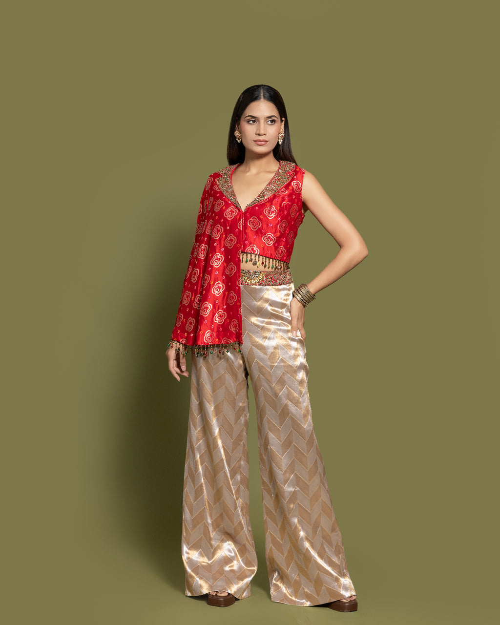 RED BANDHEJ ASYMMETRICAL TOP WITH PALAZZO