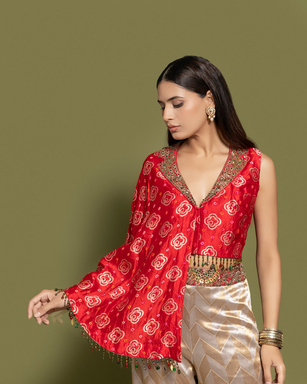 RED BANDHEJ ASYMMETRICAL TOP WITH PALAZZO