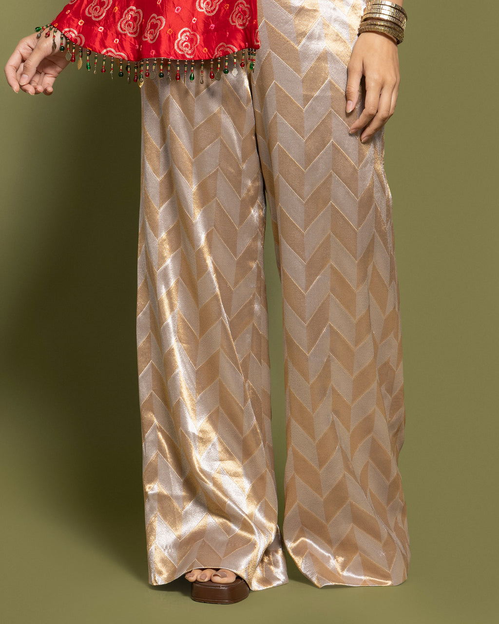 RED BANDHEJ ASYMMETRICAL TOP WITH PALAZZO