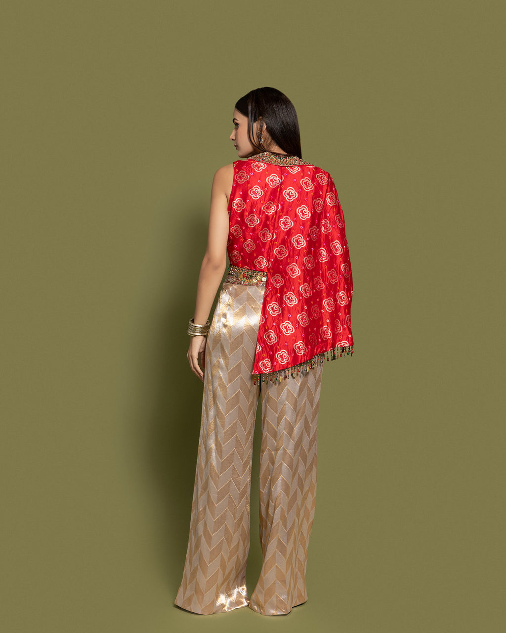 RED BANDHEJ ASYMMETRICAL TOP WITH PALAZZO