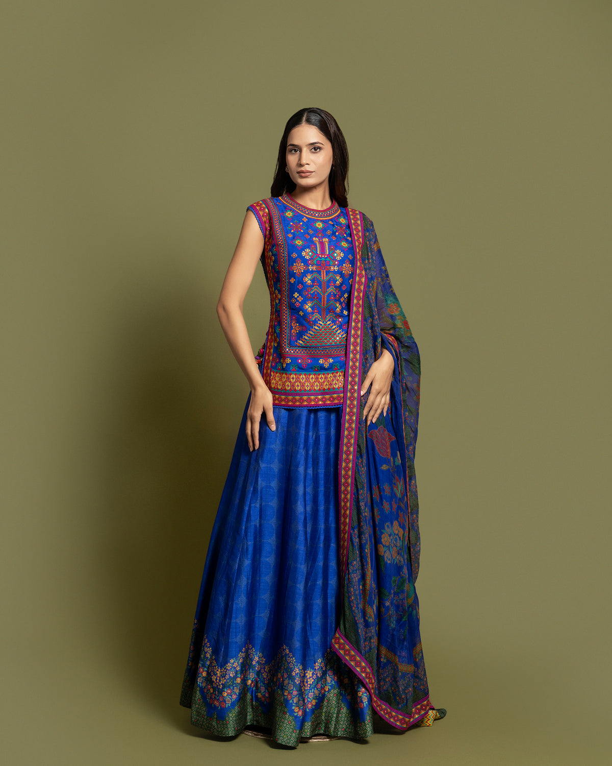 COBALT RESHAM TUNIC SKIRT SET WITH DUPATTA