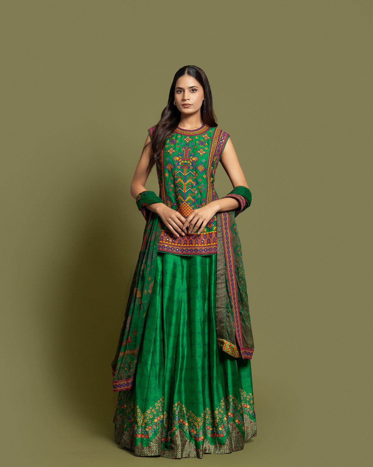 EMERALD RESHAM TUNIC SKIRT SET WITH DUPATTA