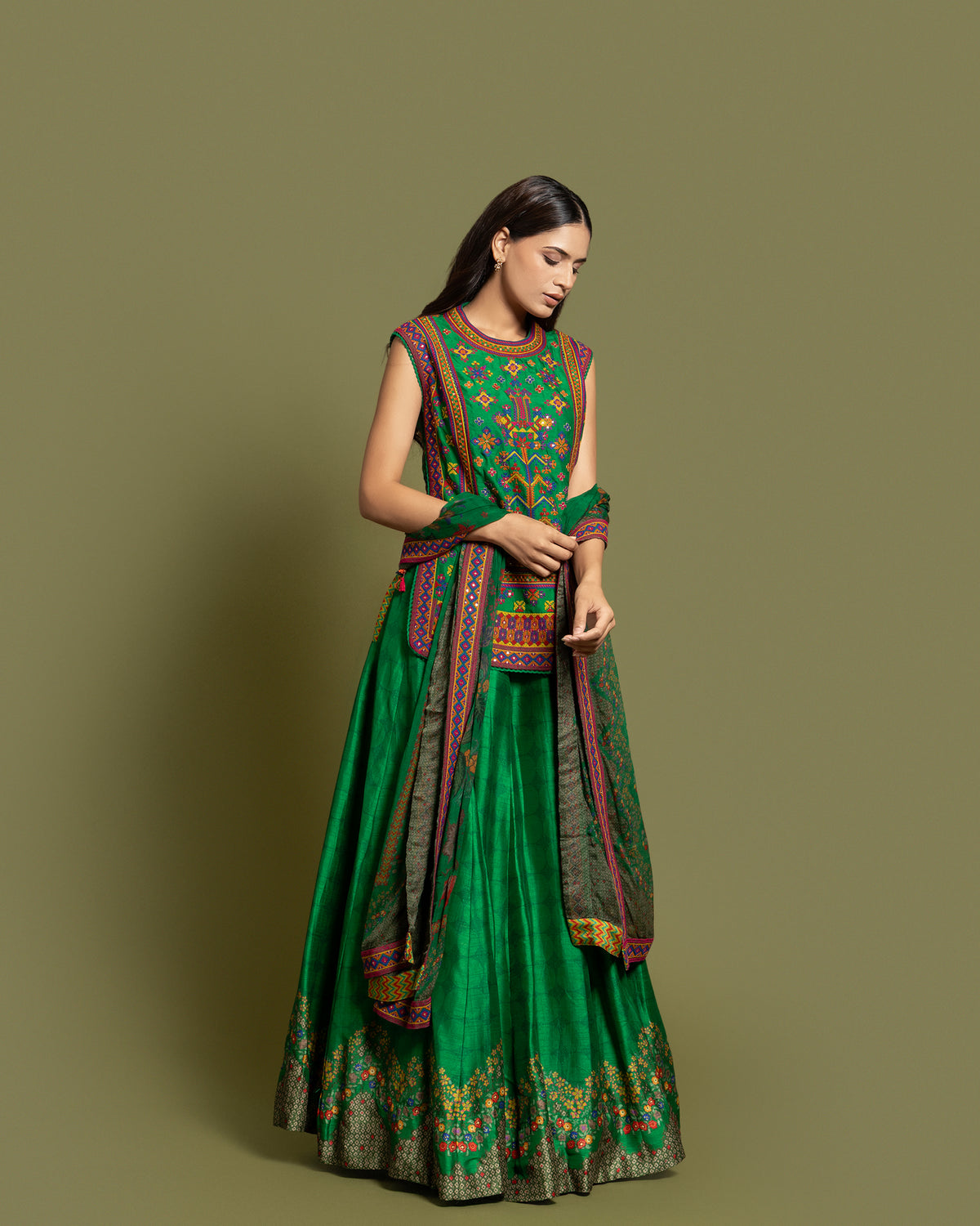 EMERALD RESHAM TUNIC SKIRT SET WITH DUPATTA