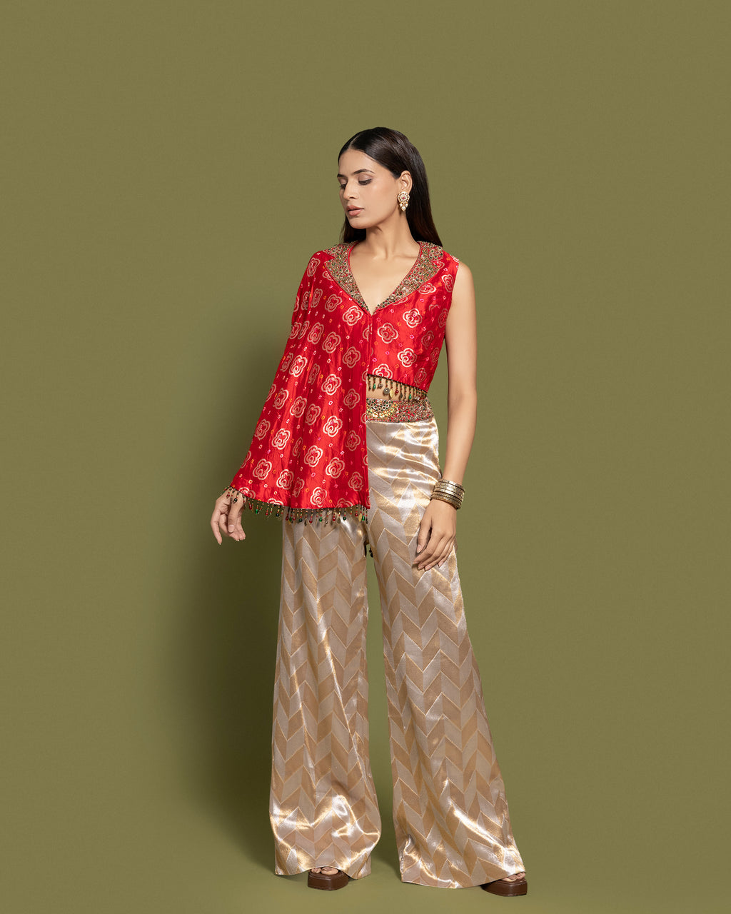 RED BANDHEJ ASYMMETRICAL TOP WITH PALAZZO