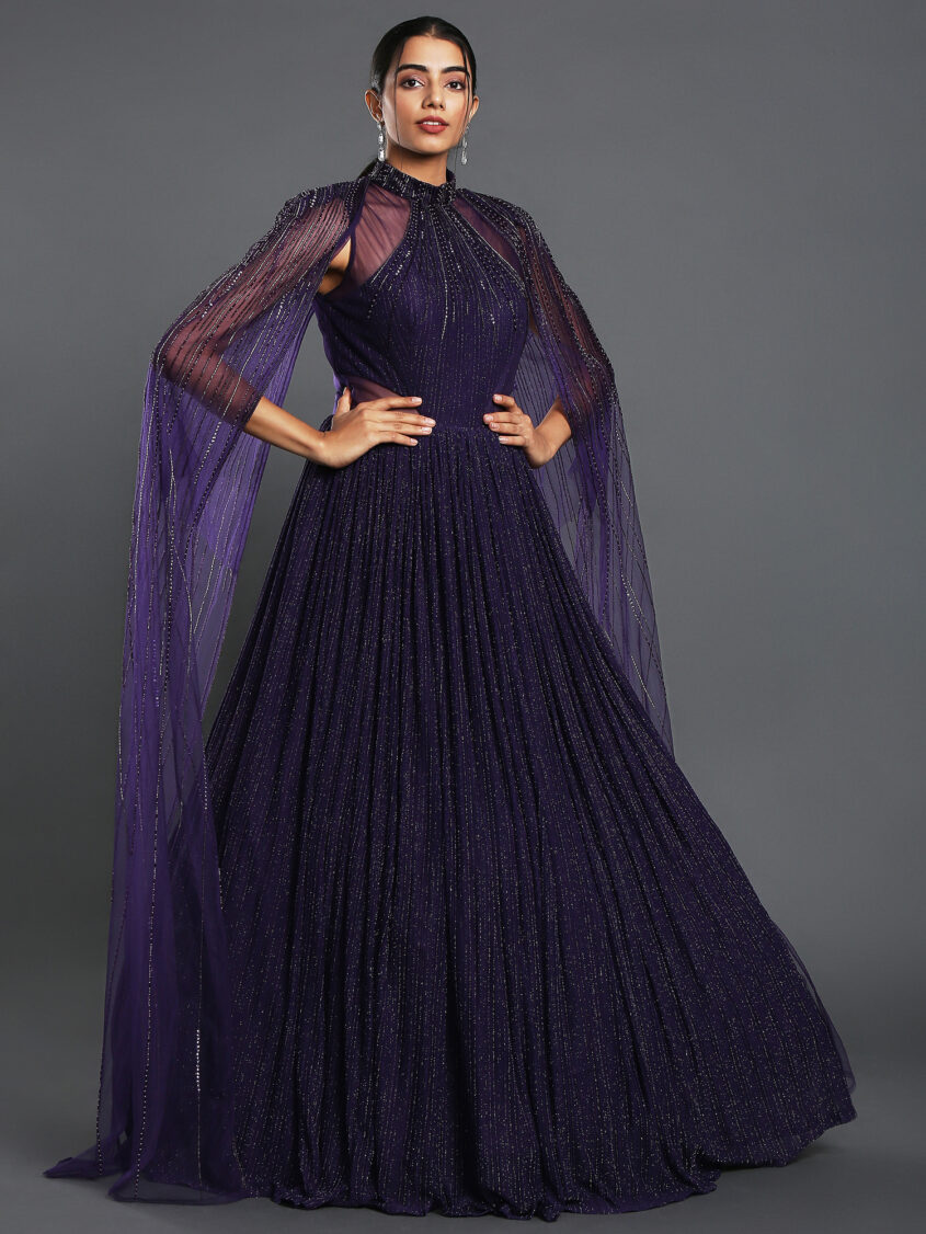Embroidered Chinnon Dark Purple Gown LSTV121403